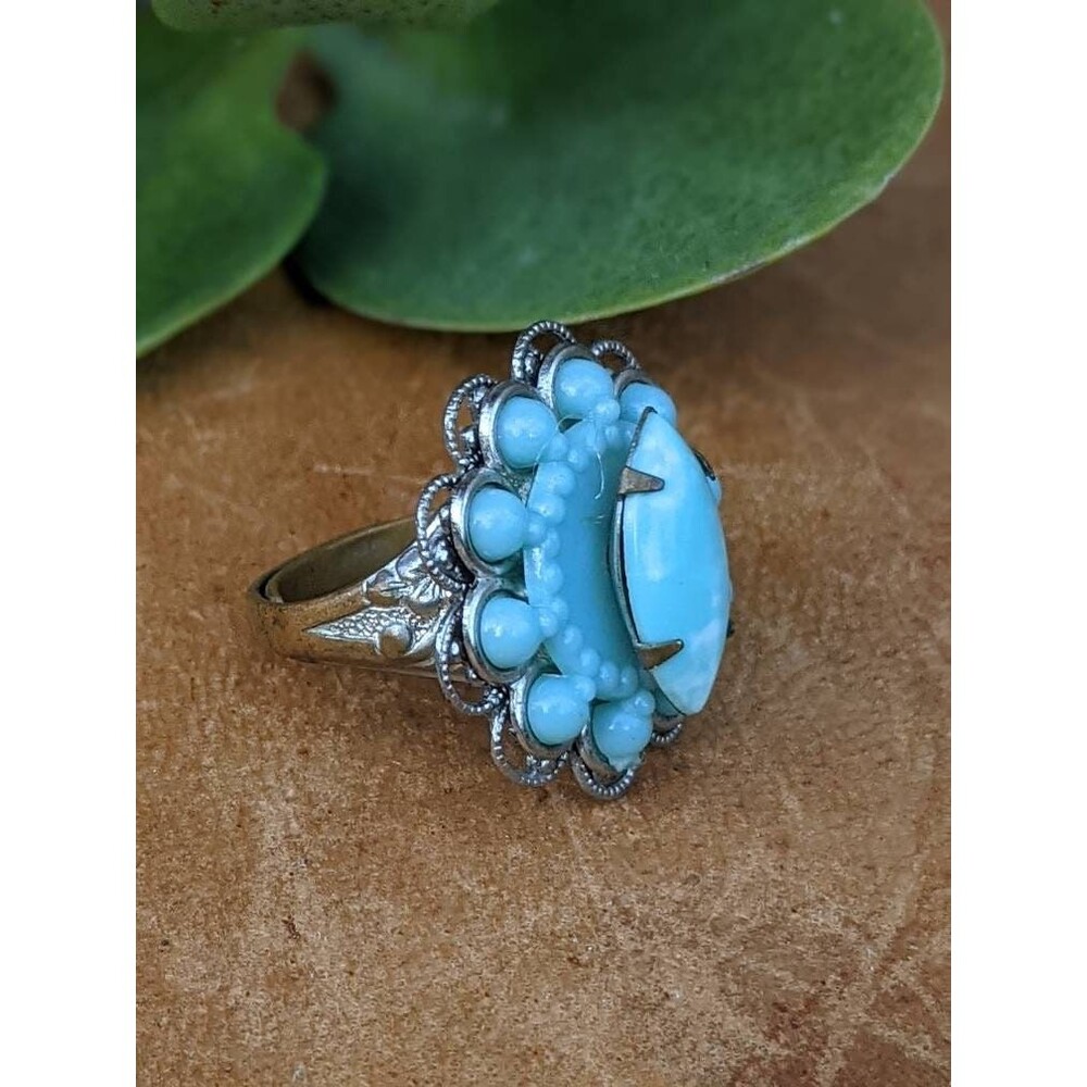 Vintage Mid Century Blue Ring, Adjustable Floral Filigree Ring size 4.5 - 6.5